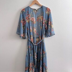 American Eagle Outfitters Boho Blue Floral Maxi Dress Sheer Kimono Tie Waist